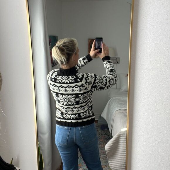 Ann Taylor Sweater Womens Small Black White Fair Isle Mock Neck - Picture 5 of 7